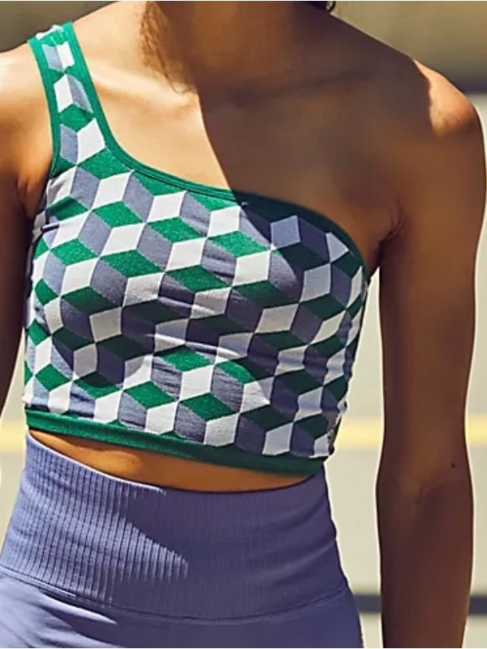 FREE PEOPLE MOVEMENT Green Geo One-Shoulder Jacquard Crop Top